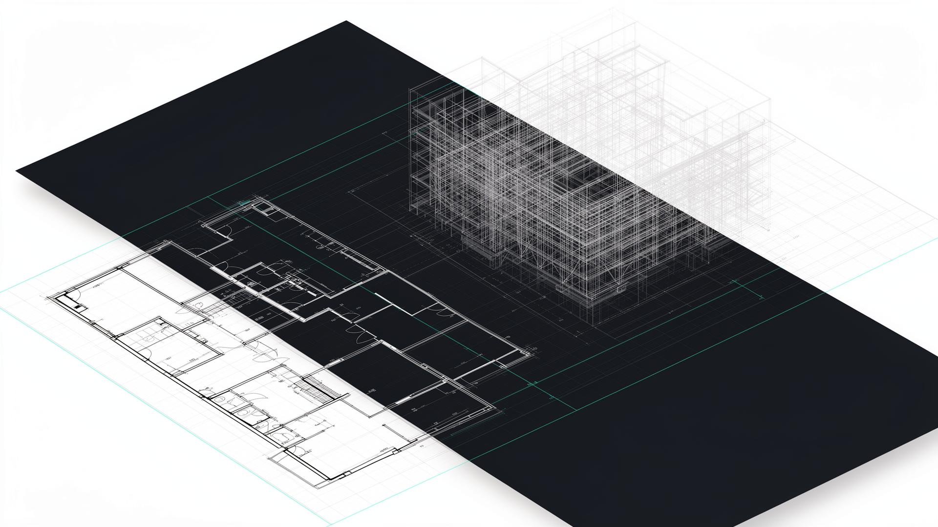 Architekturzeichnung mit 3D-Wireframe