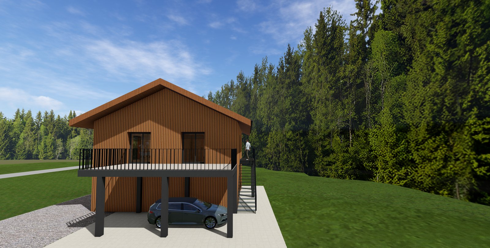 Wohnhaus in Holzbauweise über einem Garagengeschoss